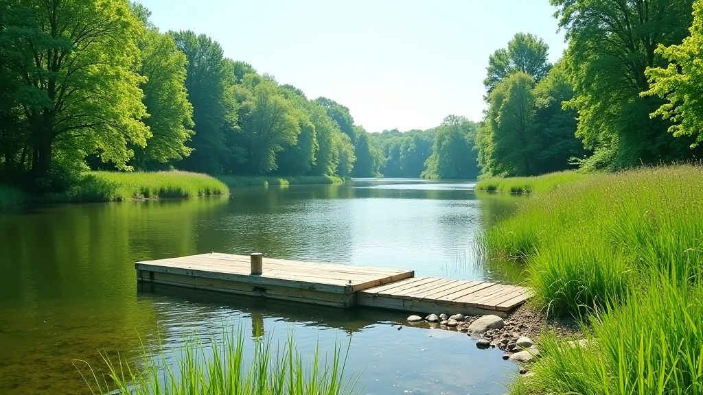 Prieplaukos saulėtą dieną, medžiai, tyra vanduo